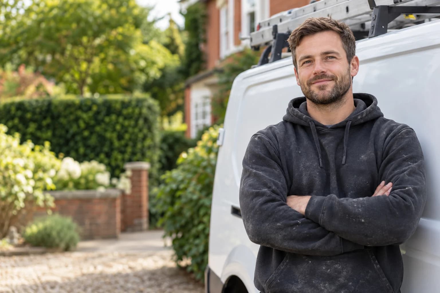 Illustrative tradesperson standing beside a white work van